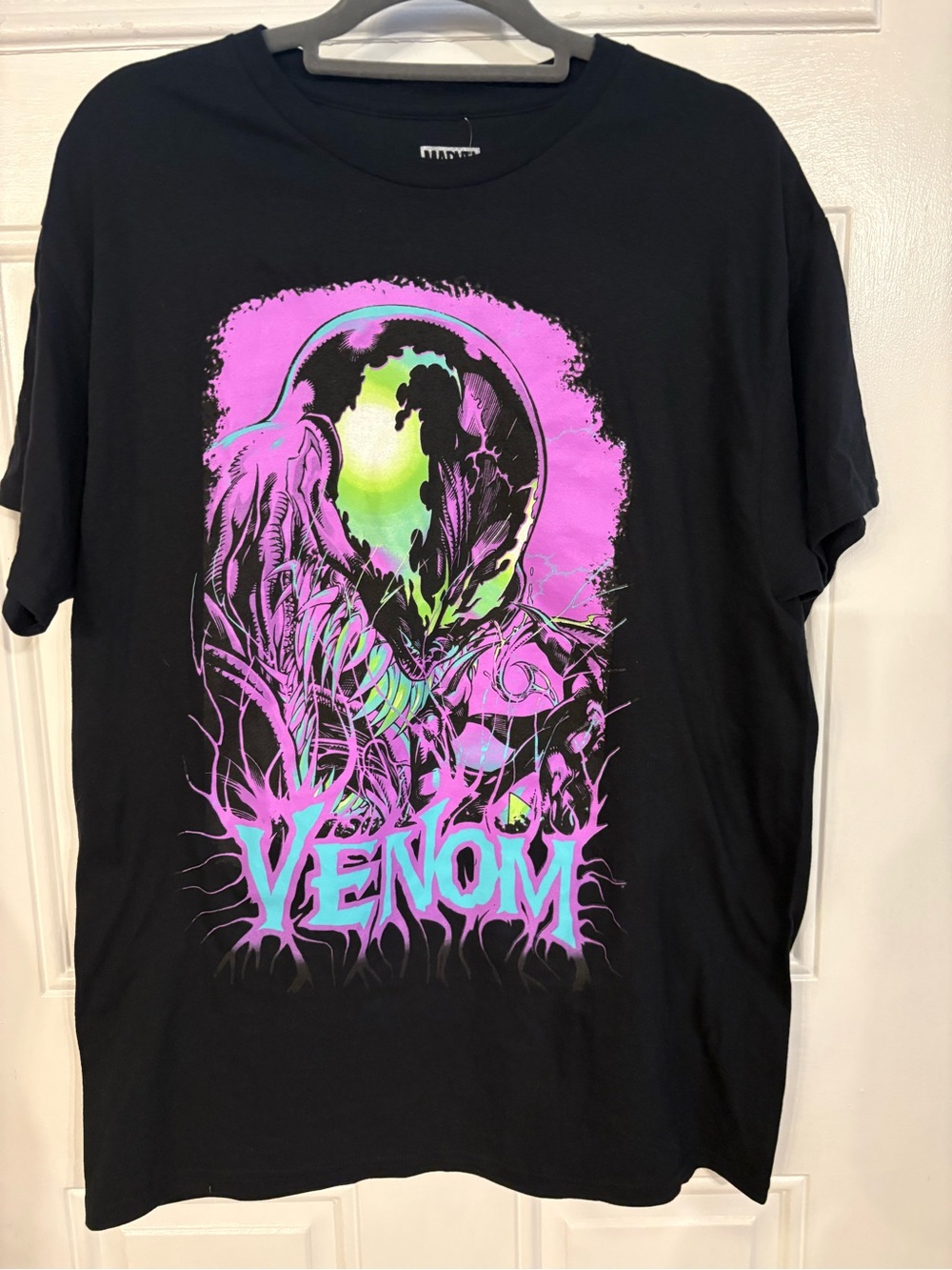 Marvel Black T‑Shirt with Neon Pink & Neon Green Venom Graphic